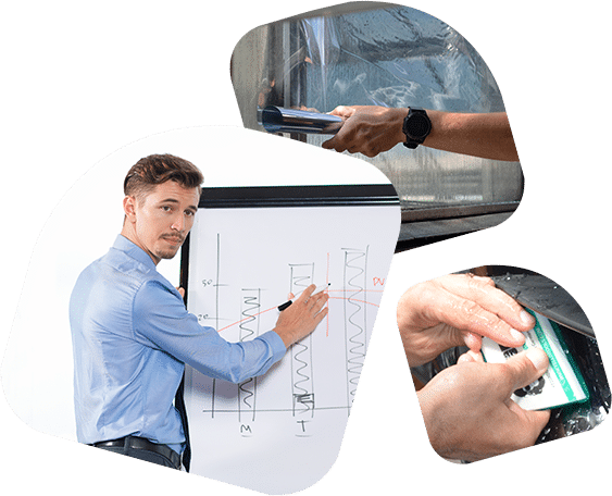 Formation en bâtiment et formation pose adhésif avec mise en pratique sur vitrage et techniques professionnelles de pose.